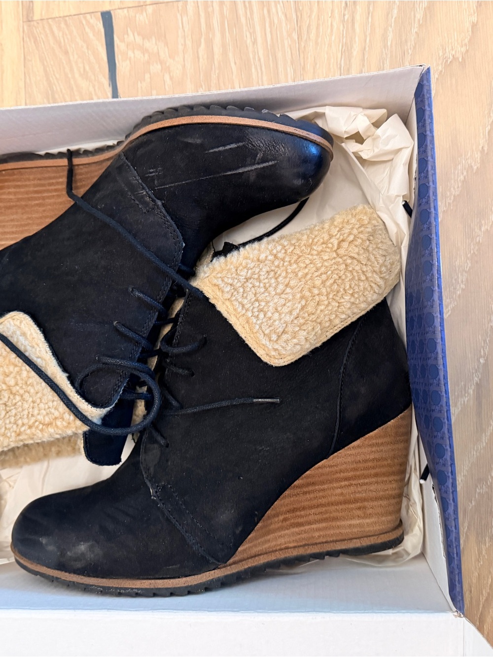 Caslon Black Wedge Ankle Boots with Cream Shearling Cuff